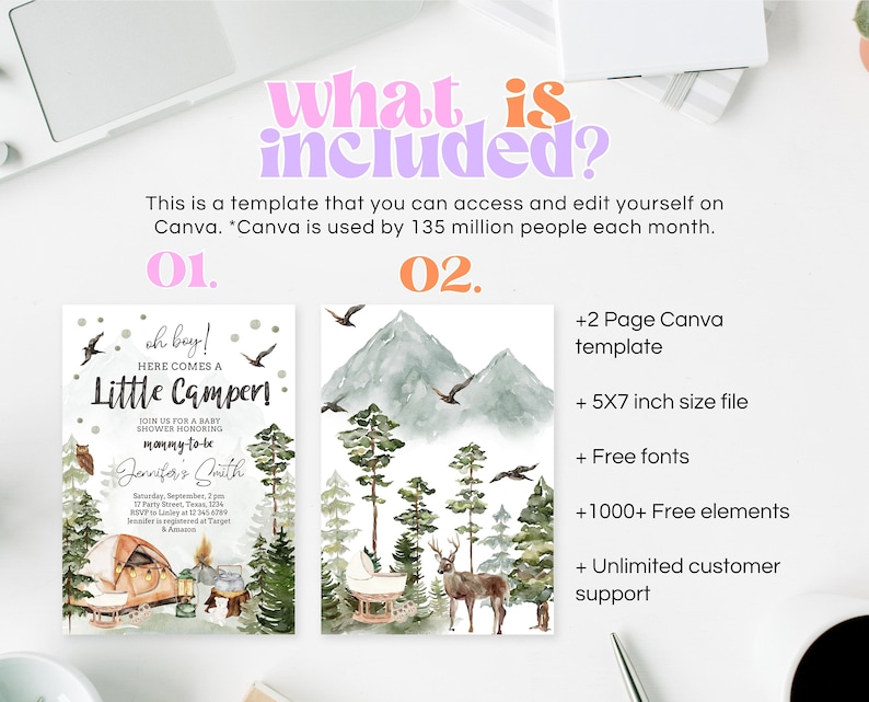 May include: A digital download for a baby shower invitation template. The template features a watercolour illustration of a woodland scene with a baby cot, a deer, and trees. The text "oh boy! Here comes a Little Camper!" is featured on the invitation. The template is available in two pages and is 5x7 inches.