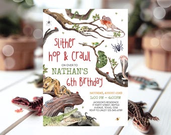 May include: A colorful invitation for a 6th birthday party with a reptile theme. The invitation features a jungle scene with snakes, lizards, a chameleon, a spider, and a crocodile. The text on the invitation reads "Slither hop & crawl on over to Nathan's 6th Birthday".