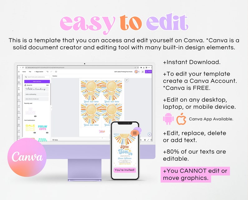 Peut inclure: Un &eacute;cran d'ordinateur affichant un mod&egrave;le de conception Canva avec un graphique de soleil et le texte "Here Comes the Sun". Un t&eacute;l&eacute;phone mobile affichant le m&ecirc;me mod&egrave;le est affich&eacute; au premier plan. Le texte "easy to edit" est affich&eacute; en grandes lettres color&eacute;es en haut de l'image. Le texte "+T&eacute;l&eacute;chargement instantan&eacute;", "+Pour modifier votre mod&egrave;le, cr&eacute;ez un compte Canva. *Canva est GRATUIT." et "+Modifier sur n'importe quel ordinateur de bureau, ordinateur portable ou appareil mobile." est affich&eacute; en texte noir sur fond blanc.