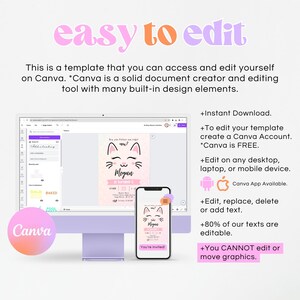 May include: A pink and white digital invitation with a cartoon cat illustration. The text on the invitation reads "Do you kitten me right?" and "Megan's 1st Birthday". The invitation is displayed on a computer screen and a mobile phone.