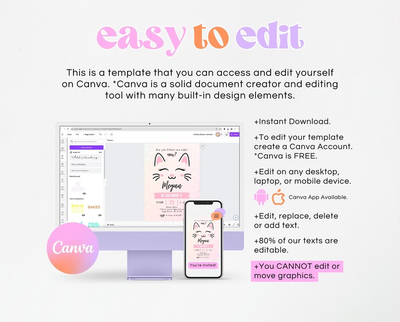 May include: A pink and white digital invitation with a cartoon cat illustration. The text on the invitation reads "Do you kitten me right?" and "Megan's 1st Birthday". The invitation is displayed on a computer screen and a mobile phone.