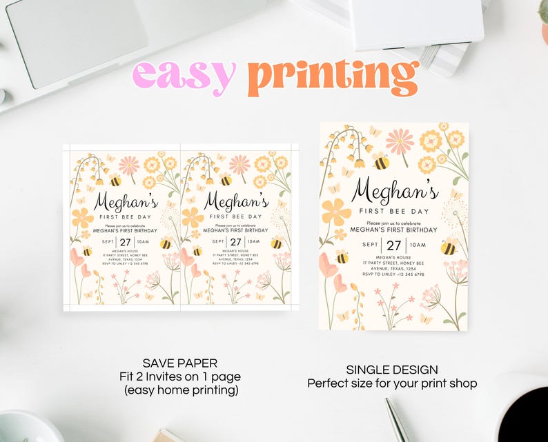 May include: Two printable invitations for a first birthday party with a bee theme. The invitations feature a yellow and pink floral design with bees and butterflies. The text on the invitations reads "Meghan's First Bee Day" and includes the date and time of the party.