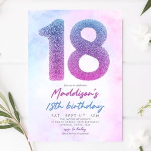 Faire-part d'anniversaire 18e modifiable Design rose violet bleu pailleté Modèle de fête numérique élégant et moderne Invitation imprimable Téléchargement immédiat