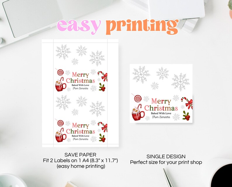 May include: White printable Christmas labels with snowflake and holiday graphic elements. The labels feature a red mug of hot chocolate, candy canes, and the text "Merry Christmas". The text "Baked With Love" is also included.