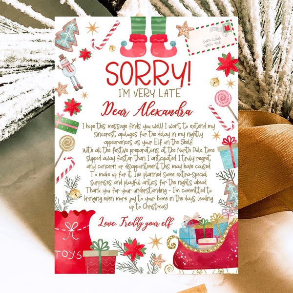 Bearbeitbarer Weihnachtself Brief mit Verspätung, Weihnachtself Last-Minute-Brief, Elf mit verspäteter Ankunft, Elf mit verspäteter Ankunft, Elf-Aktivitäten, CEC01