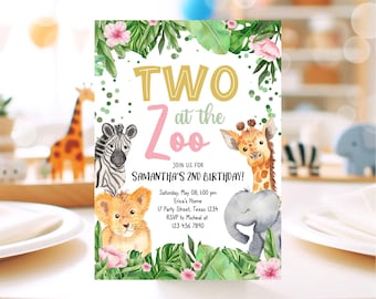 Bewerkbare safaridieren verjaardagsuitnodiging, kinderdierentuin verjaardagsfeestje, twee in de dierentuin feestbeesten afdrukbare verjaardagsuitnodiging