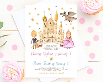 Editable Princess Knights Birthday Invitation Royal Castle Dragon Party Printable Joint Siblings Theme Download