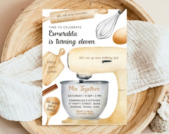 May include: A birthday party invitation with a watercolor illustration of a kitchen mixer, rolling pin, whisk, and a cutting board. The invitation is for Esmeralda's 11th birthday party. The text on the invitation reads "Let's roll some memories", "Time to celebrate Esmeralda is turning eleven", "Bring your apron", "One spoon full of friends", "Let's mix up some birthday fun", "Mix Together", "Saturday 15 Sep 3 PM", "Esmeralda's Kitchen", "17 Party Street, Bake Avenue, Texas, 1234", "RSVP to Mom +123-456-7890".