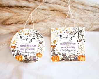 Editable Halloween Joint Birthday Favor Tag Spooky Halloween Twin Brother Sister Party Thank You Label Trick Or Treat Digital Download HB09