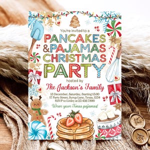 Editable Pancakes & Pajamas Christmas Party Invitation, Pancake and Hot Chocolate Party, Printable, Holiday Invite, Instant Download, CBC02