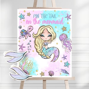 Pin the Tail on the Mermaid Game Sign, Mermaid Pin the Tail Game ...