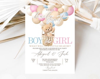 Editable Teddy Bear Hot Air Balloon Gender Reveal Invitation, Girl Or Boy Invite, Blue Or Pink Teddy Bear Gender Reveal Party Invitation