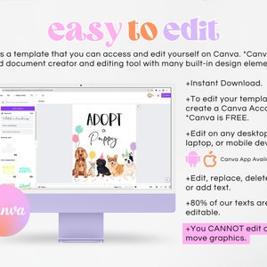 May include: A digital illustration of four puppies wearing party hats and sitting in front of a sign that says "Adopt a Puppy". The sign is surrounded by colorful balloons. The image is displayed on a computer screen with the Canva logo in the bottom left corner.