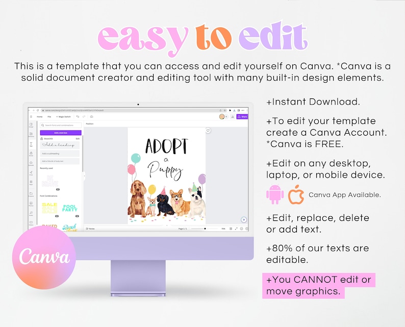 May include: A digital illustration of four puppies wearing party hats and sitting in front of a sign that says "Adopt a Puppy". The sign is surrounded by colorful balloons. The image is displayed on a computer screen with the Canva logo in the bottom left corner.