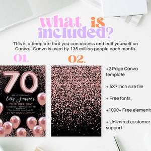 May include: A digital template for a 70th birthday invitation with a pink and black glitter background. The text "Join us to celebrate Lilly Jenner's 70th Birthday" is on the invitation. The template is available for editing on Canva.