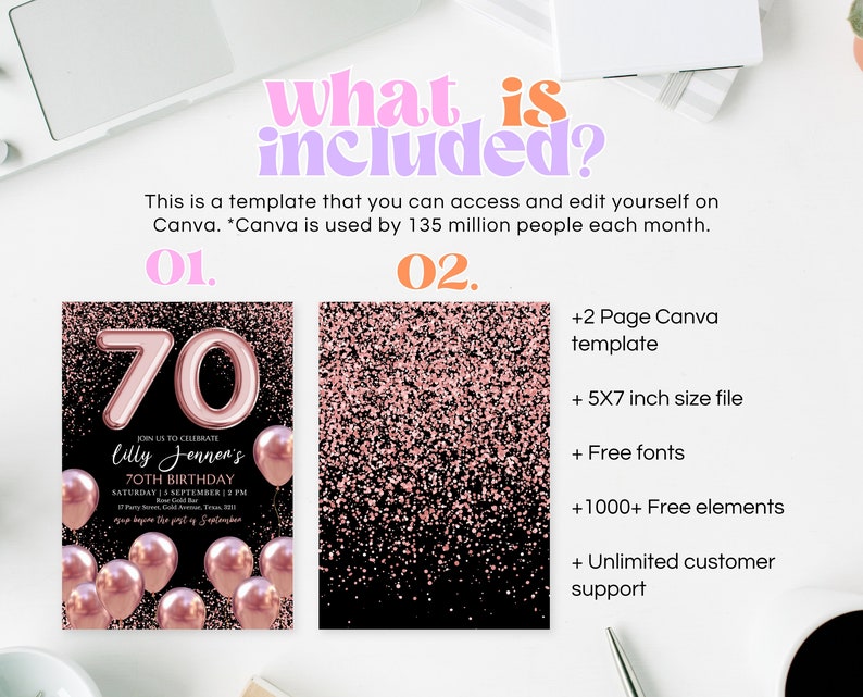 May include: A digital template for a 70th birthday invitation with a pink and black glitter background. The text "Join us to celebrate Lilly Jenner's 70th Birthday" is on the invitation. The template is available for editing on Canva.