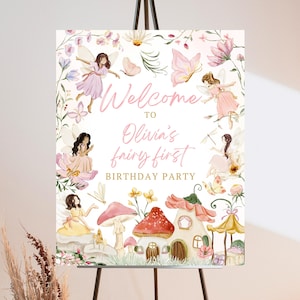 Bearbeitbares Fee Geburtstag Willkommensschild, wunderliches Pixie Feenzeichen, magisches Blumenfeenzeichen, rosa Prinzessin Party, Sofort Download, KEP02