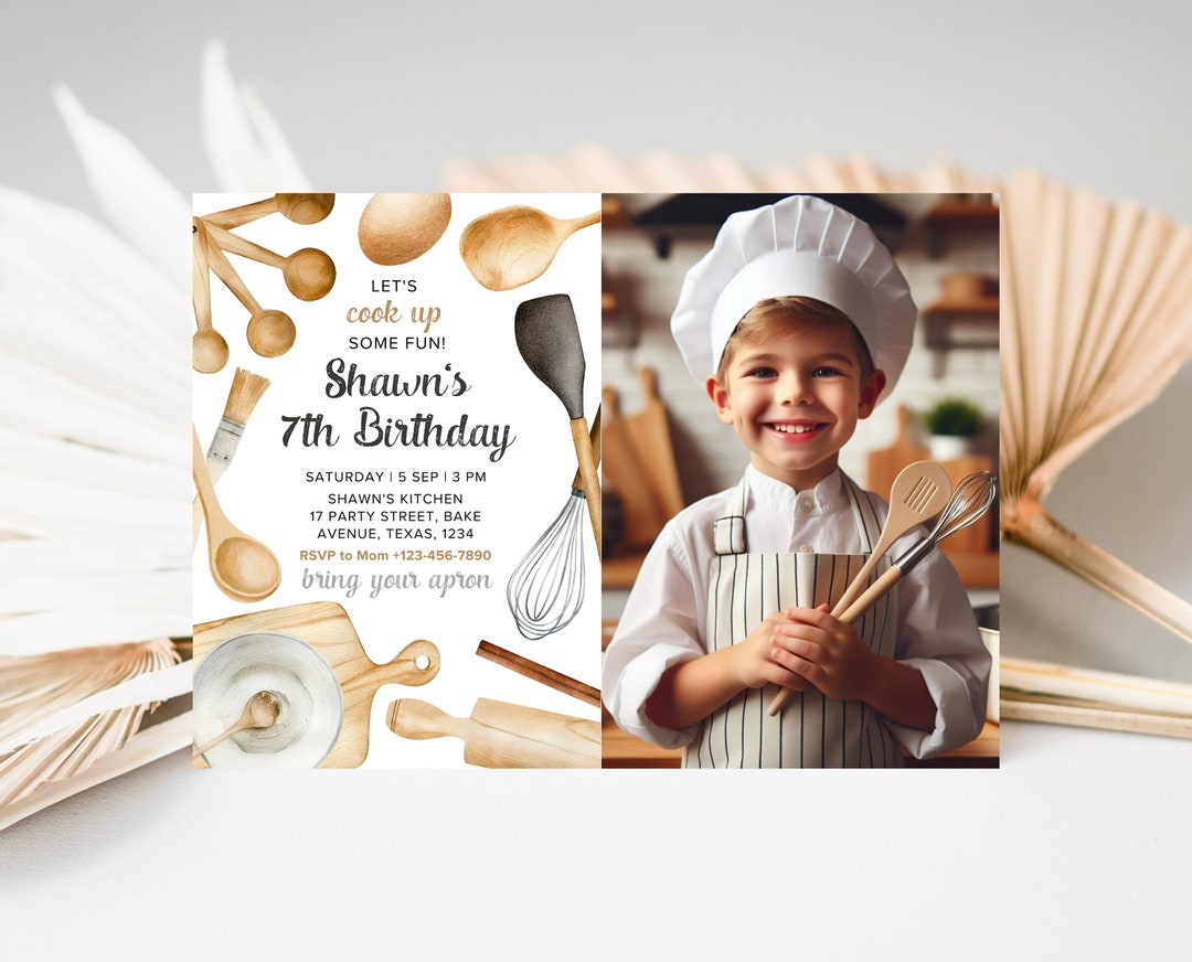 Editable Boy Cooking Birthday Photo Invitation, Baking Cooking Party ...