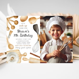 Faire-part photo d'anniversaire modifiable pour garçon, cuisine de cuisine, fichier numérique de cuisine de chef, invitation de boulangerie, modèle imprimable, numérique