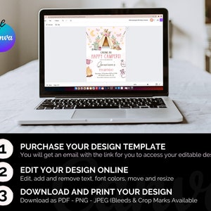 May include: A laptop screen displaying a printable invitation for a birthday party with a camping theme. The invitation features a pink tent with a campfire, stars, and butterflies. The text on the invitation reads "Calling all Happy Campers!" and "[Name]'s 5th Birthday".