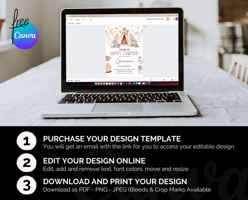May include: A laptop screen displaying a printable invitation for a birthday party with a camping theme. The invitation features a pink tent with a campfire, stars, and butterflies. The text on the invitation reads "Calling all Happy Campers!" and "[Name]'s 5th Birthday".