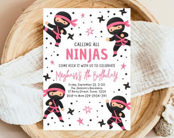Editable Girl Ninja Birthday Invitation Karate Warrior Party Martial Arts Theme Printable Digital Pink Girl Instant Download Invite GBP54