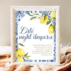 Letrero de pañales para la noche con temática de limón mediterráneo para baby shower, azulejos azules, decoración de baby shower de Italia, letrero de juego de limón azul marino para baby shower, MLBS01