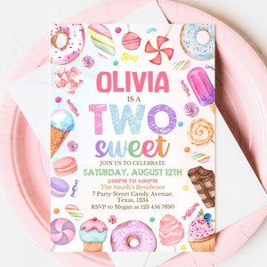 Invito modificabile per il secondo compleanno di Candy Land, invito di compleanno con dolci caramelle, secondo compleanno con dolci, due dolci, invito con caramelle, GSBP01