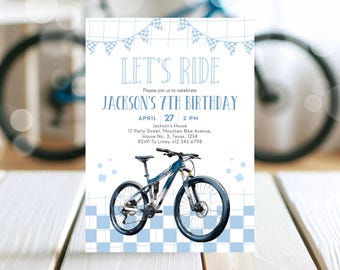 May include: Blue and white birthday invitation with a blue mountain bike illustration and the text "LET'S RIDE" and "JACKSON'S 7TH BIRTHDAY".