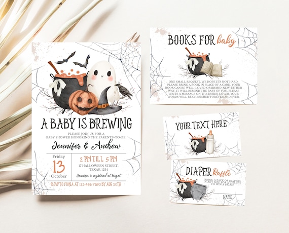 Editable A Baby is Brewing Halloween Baby Shower Invitation Bundle, Neutral Halloween Baby Shower Invitation, Witch Baby Shower, HBSC01