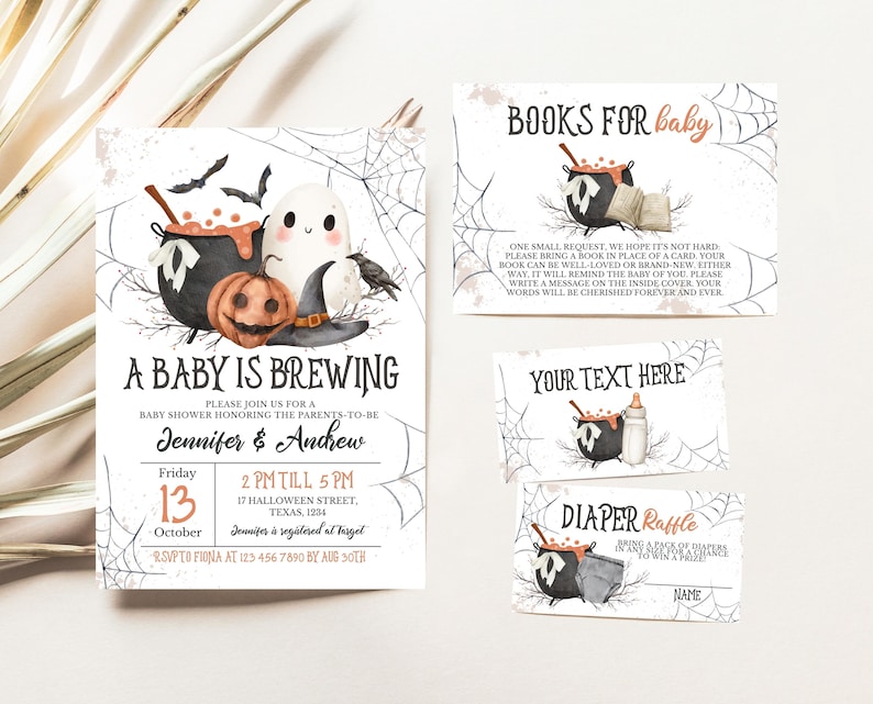 May include: A baby shower invitation with a Halloween theme. The invitation features a cauldron with a ghost and a pumpkin. The text reads "A Baby is Brewing".