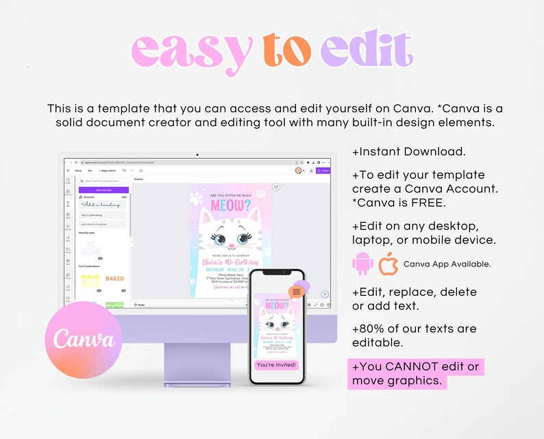 Invitation d'anniversaire modifiable pour chaton Kitty Cat Fête d'anniversaire de chat Inviter chat Are You Kitten Me Pink Kitten Party Girl Téléchargement imprimable, 45 GBP image 7