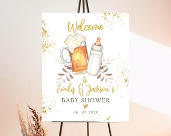 Editable A Baby Is Brewing Welcome Sign Coed Baby Shower Beer Milk Bottle Modern Neutral Printable Party Poster Digital Download