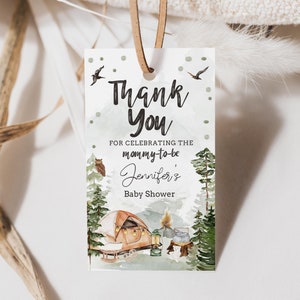 Étiquette modifiable de faveur de baby shower de camp, douche de bébé de camping étudiante, merci Crads, non-sexe, baby shower des bois