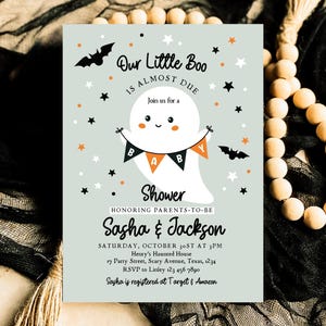 Editable Spooky Halloween Baby Shower Invitation, A Little Boo Is Almost Due Baby Shower Invitation, Halloween Baby Shower Template