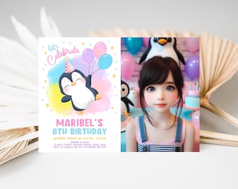 Editable Penguin Birthday Photo Invitation, Winter Birthday Invitation, Arctic Animals Birthday Invitation, Cute Girl Penguin Invitation
