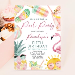 Editable Pool Party Invitation, Girl Pool Birthday Party, Pastel Invite, Summer Birthday Party, Swimming Party, Digital, Printable, BPBP01