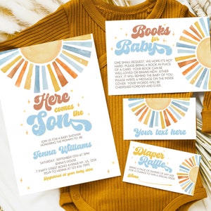 May include: A baby shower invitation with a retro sunburst design. The invitation says "Here comes the Son" and includes details for the event, including the date, time, and location. There is also a separate card that says "Books for Baby" and asks guests to bring a book instead of a card.