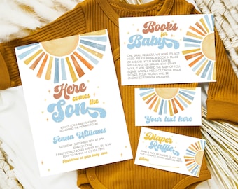 Editable Sunshine Baby Shower Invitation Bundle, Here Comes the Son Baby Shower Invite, Boy Sonshine Shower, Boho Sunshine Invite HCTS01