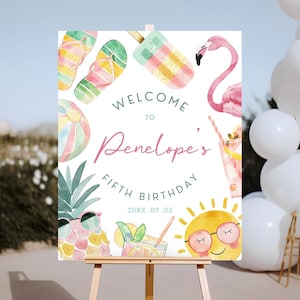 Bewerkbaar welkomstbord voor zwembadfeest, verjaardagsfeestje meisjesbad, pastelkleurige welkomstposter voor zwembad, zomerverjaardag, zwemfeest, afdrukbaar, BPBP01