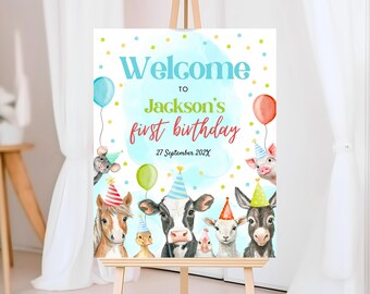Editable Farm Animal Birthday Welcome Sign: Blue Party Decor (Digital Download)