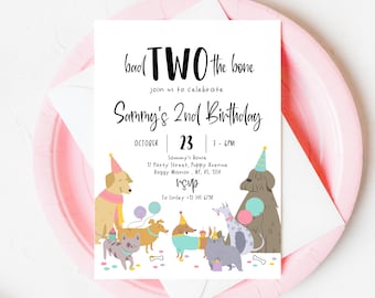 May include: A colorful invitation for a dog-themed birthday party. The invitation features the text "bad TWO the bone" and "Sammy's 2nd Birthday". The invitation also includes a date, time, and address for the party.