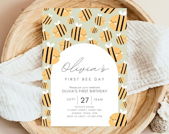 Invitación de cumpleaños de abeja bohemia: Fiesta del primer día de las abejas editable (descarga digital)