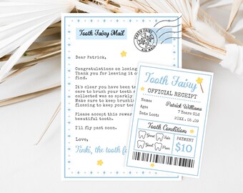 Editable Tooth Fairy Letter Tooth Fairy Note I Lost My First Tooth Printable Tooth Fairy Receipt Mini Receipt Download Blue Gold Boy Gift