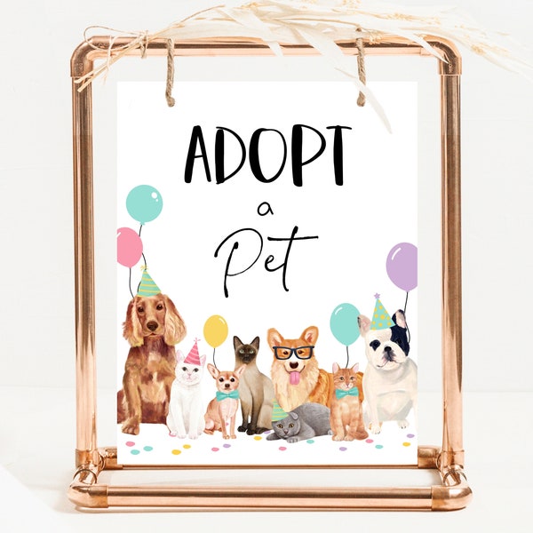Adopt A Pet Sign Dog And Cat Birthday, Kitten And Puppy Birthday Adoption Sign, Dog Birthday Party, Cat Birthday Party, Printable Sign