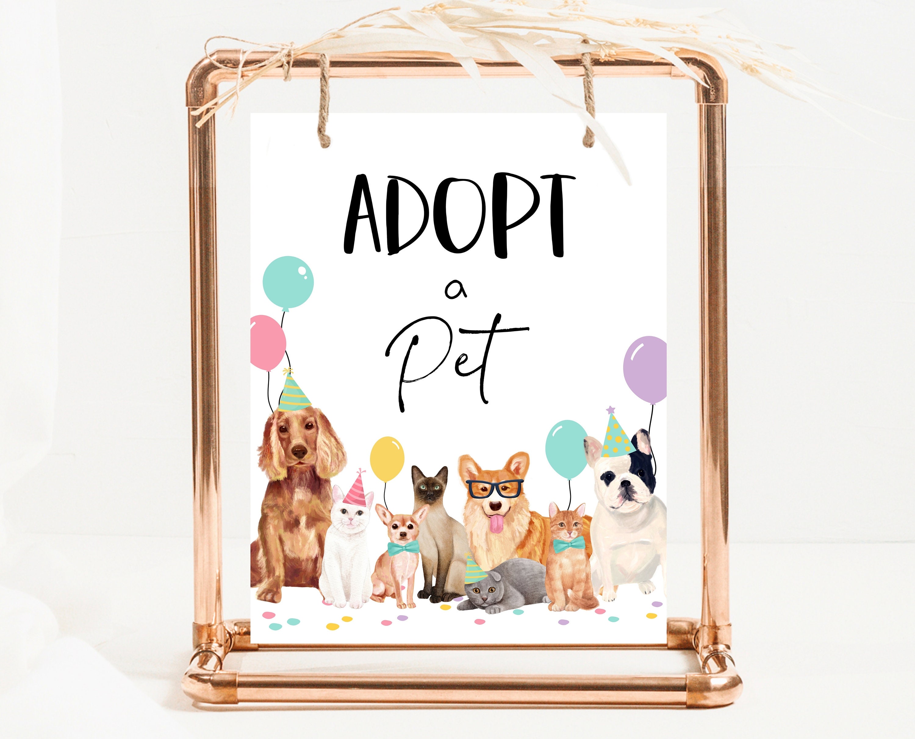 Adopt A Pet Sign Dog And Cat Birthday, Kitten And Puppy Birthday Adoption Sign, Dog Birthday Party, Cat Birthday Party, Printable Sign