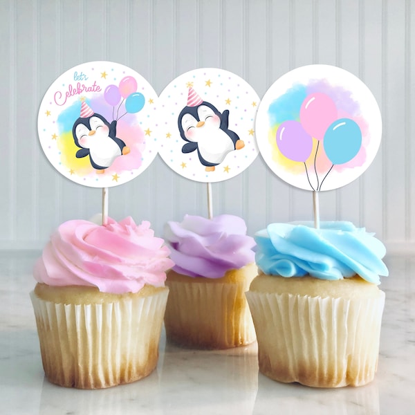 Editable Penguin Birthday Cupcake Toppers, Winter Birthday Cupcake Toppers, Arctic Birthday Decorations, Cute Girl Penguin Birthday