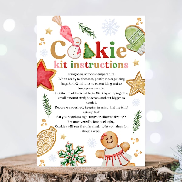 Plantilla de tarjeta de instrucciones de galletas navideñas editables, instrucciones del kit de galletas editables, fiesta de decoración de galletas, kit de galletas DIY imprimible