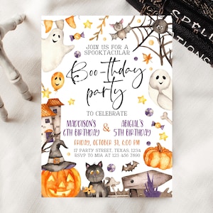 Editable Halloween Joint Birthday Invitation, Spooky Halloween Twin Birthday Party Invite, Halloween Brother And Sister Birthday Invitation