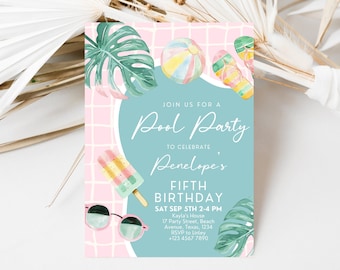 Editable Pool Party Invitation, Girl Pool Birthday Party, Pastel Invite, Summer Birthday Party, Swimming Party, Digital, Printable, BPBP01